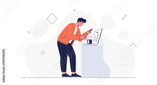 Man analyzing financial data on laptop and smartphone, modern flat illustration