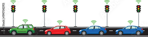 Smart Traffic Light System With Connected Cars And Wireless Signals Vector Illustration Intelligent Transportation Technology Road Safety Concept