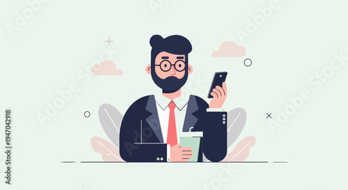 Bearded man in suit with glasses holding phone and cup