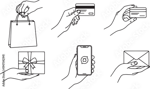 Hands holding credit card mobile phone shopping bag and gift box