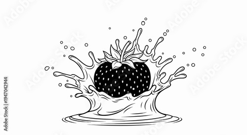 Black and white drawing of a strawberry splashing into liquid with droplets
