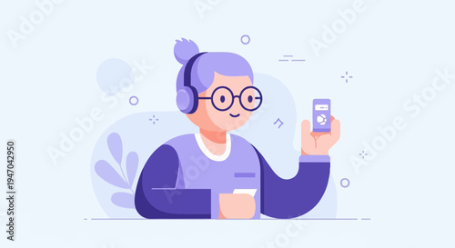 Cartoon character wearing headphones holding a music player and a cup