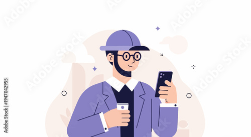 Man in cap and glasses holds phone and coffee cup in abstract setting