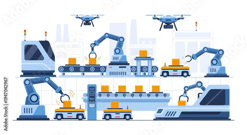 Automated Factory Production Line with Robotics, Drones & AGVs for Modern Manufacturing & Logistics