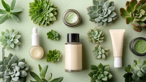 Aesthetic arrangement of various green succulents and two bottles of perfume