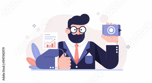 Bearded man in suit with glasses holds camera & shows chart