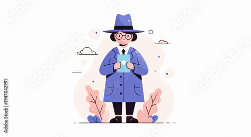 Cartoon figure in blue coat, hat and glasses holding a light blue book