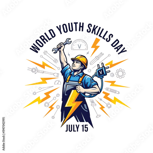 World Youth Skills Day - Electrician with Lightning Bolt and Tools
