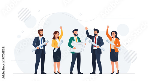 Diverse team of professionals celebrating success with blueprints, teamwork concept