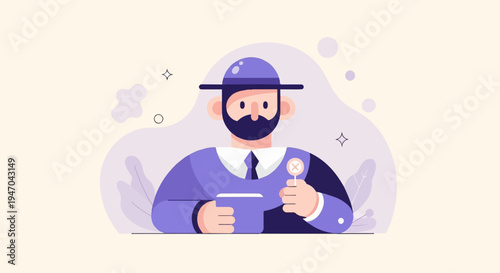 Bearded man in hat and suit holding a cup and lollipop with 'X'