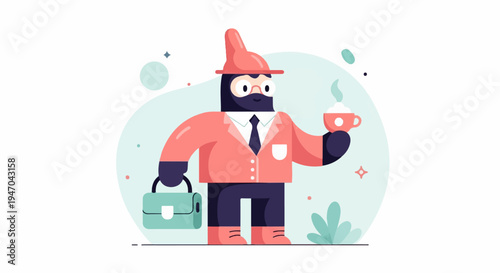 Business figure in a suit and mask, holding a briefcase and coffee cup