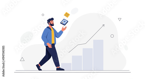 Man juggling computer chips with growing bar chart, symbolizing tech growth and innovation
