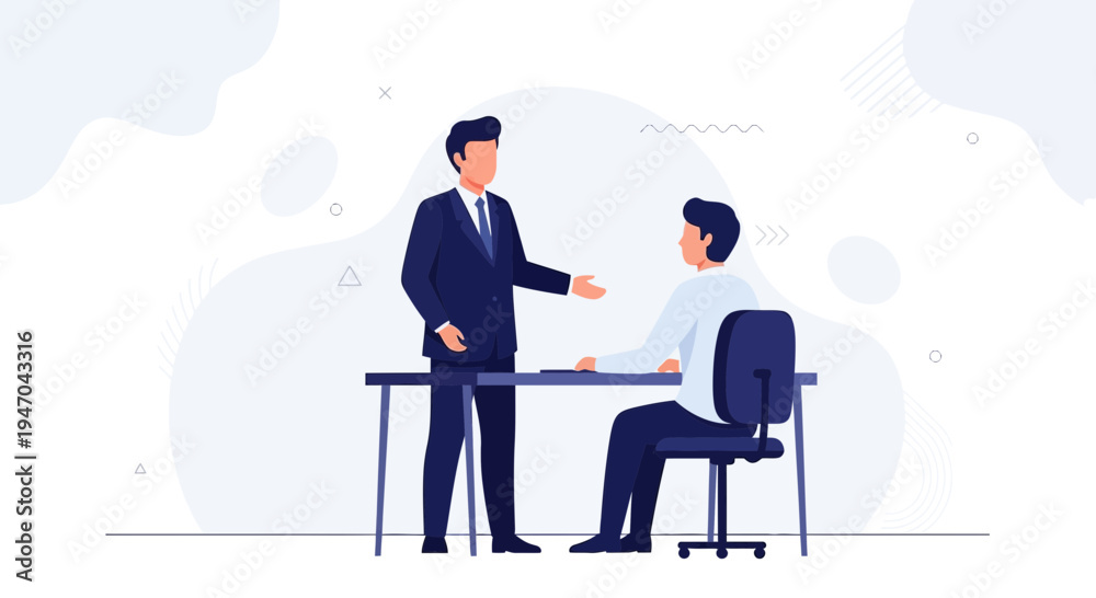Fototapeta premium Business meeting: manager and employee discussing work at office desk, modern flat illustration
