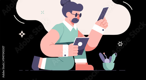 Person with glasses and beard looking at digital devices with decorative elements