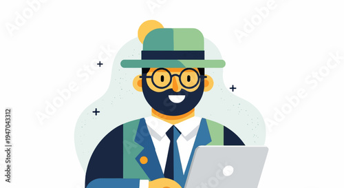 Bearded man in hat and glasses with laptop, abstract background