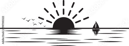 Vector sunset over water with sailboat and birds icon