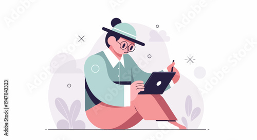 Person in hat and glasses sitting on floor, drawing on a tablet with stylus