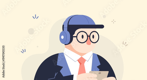 Business person wearing headphones and glasses, holding a device