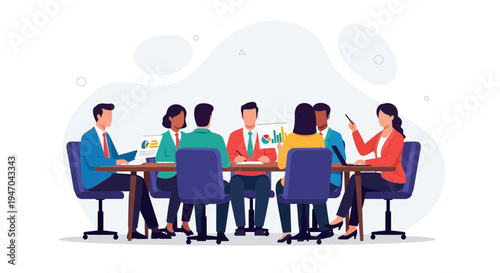 Diverse business team meeting around table, discussing charts and graphs