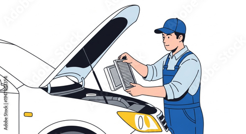 Mechanic checking car air filter.