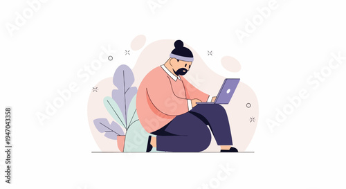 Person using a laptop on the floor, surrounded by abstract shapes and plants