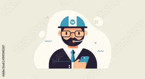 Flat design illustration of a man wearing a hard hat and holding a smartphone