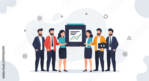 Business Team Presenting Growth Chart on Board, Successful Strategy Meeting