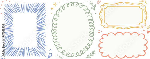 Cute wavy wedding frame, vector hand drawn oval vintage border set. Coquettish celebration design. Elegant classic line decoration background, simple postcard decor. Whimsical invitation frame set