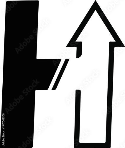 Black and white graphic with a vertical arrow merging into a horizontal bar