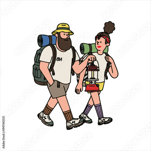 Couple hiking with backpacks and lantern illustration