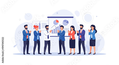 Business team applauding success at presentation with charts and graphs