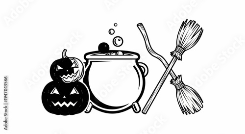 Black and white Halloween illustration of pumpkins, cauldron, and brooms