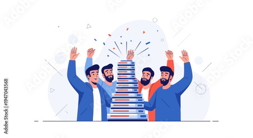 Team celebrating success with stack of books, confetti, and raised hands