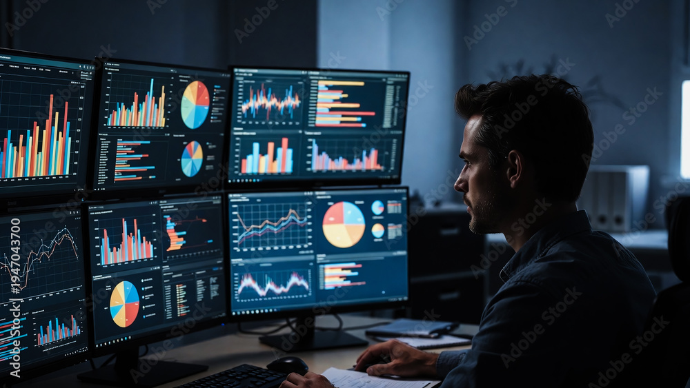 Fototapeta premium A man intently monitors multiple data screens in a darkened office. He analyzes complex charts and graphs.