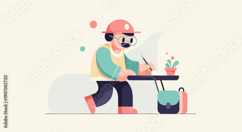 Illustrated person wearing hat and glasses sketching at a desk with a plant