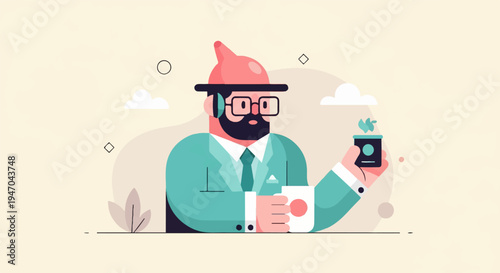 Bearded man in teal suit and pink hat holds coffee and plant