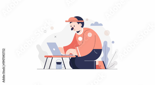 Person on floor working on laptop with plants and clouds in background