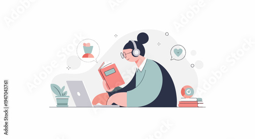 Person with headphones studies a book on laptop, with plant and chat bubbles