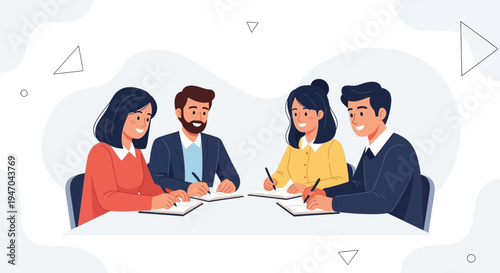 Diverse team collaborating at a table, discussing ideas and taking notes.