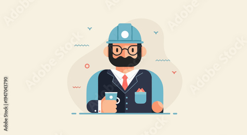 Bearded man in hard hat and suit holds a cup, abstract shapes background