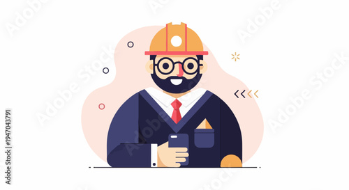 Bearded man in hard hat and suit holding phone, abstract background