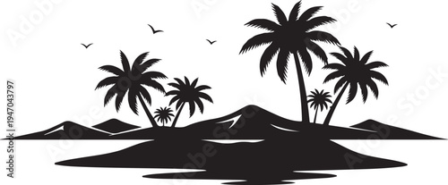 Vector tropical island silhouette with palm trees and mountains