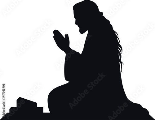 Muslim woman praying silhouette performing dua and salah, Islamic worship and spiritual devotion concept, Ramadan and Eid religious prayer illustration vector on white background