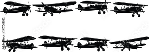 Collection of various vintage biplane silhouettes isolated on white background, classic propeller aircraft set for aviation design projects.