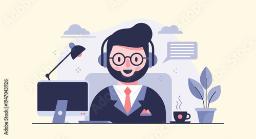 Person in headset at desk with computer, lamp, coffee, and plant