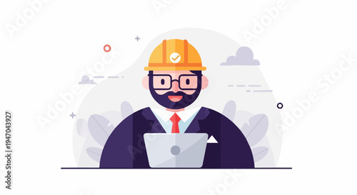 Bearded man in hard hat and glasses working on a laptop