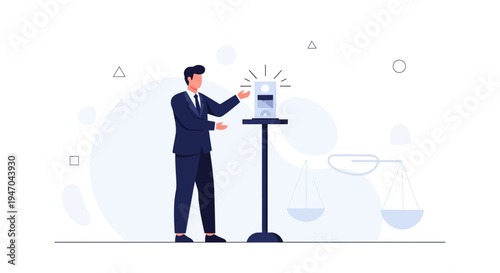 Businessman presenting a glowing device with scales of justice in the background
