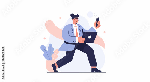 Busy businessman with laptop and phone, walking with plant background