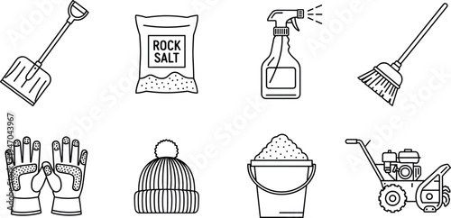 et of Winter Maintenance Icons Featuring Snow Shovel Rock Salt Spray Bottle Broom Work Gloves Beanie Hat Sand Bucket and Snowblower