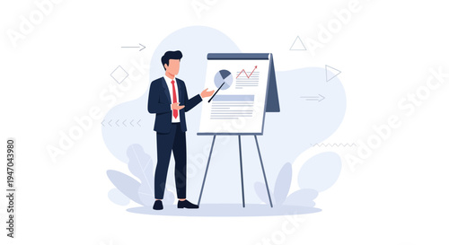 Businessman presenting financial report on flip chart with charts and graphs